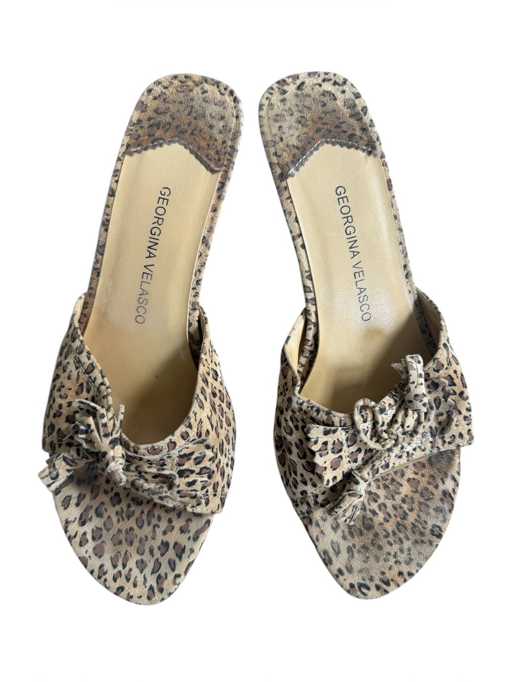 Georgina Velasco vintage Y2k 90’s tan cream Leopard Print Slide Sandals 2” heel